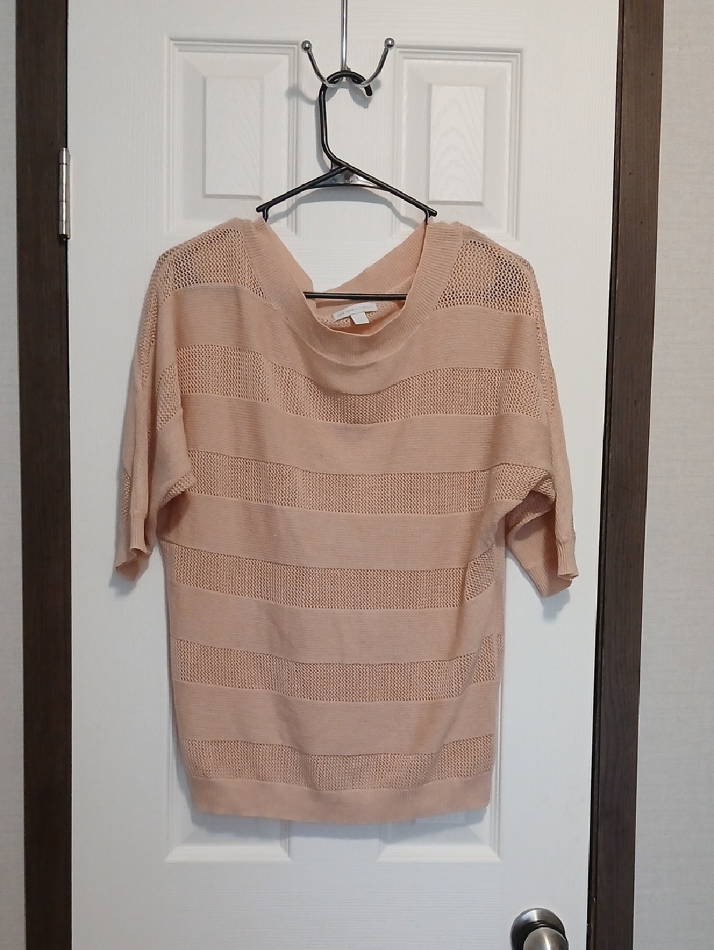 New York & Company Peach Striped Open-Knit Short Sleeve Sweater